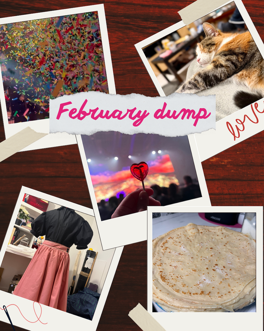  des confettis multicolores qui volent, un chat calicot qui fort sur un plaid, une sucette en forme de coeur devant l'écran de l'Arena Tour d'Indochine, une pile de crêpes, un chemisier noir et une jupe rose cousus mains sur un mannequin