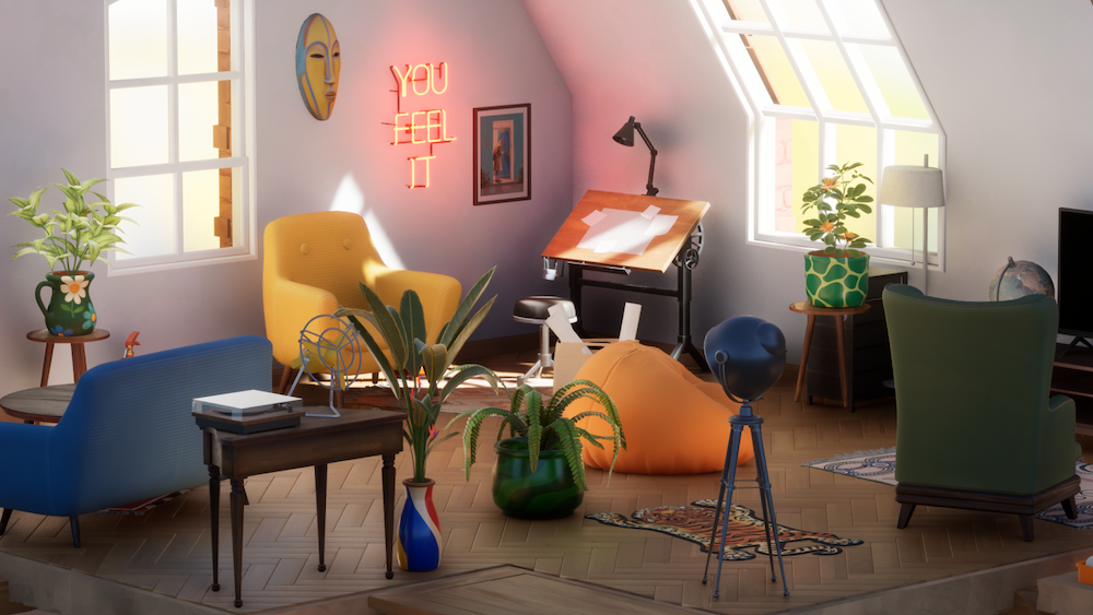 Image du jeu Hozy avec des meubles, plantes et tapis illuminés par la lumière du jour.