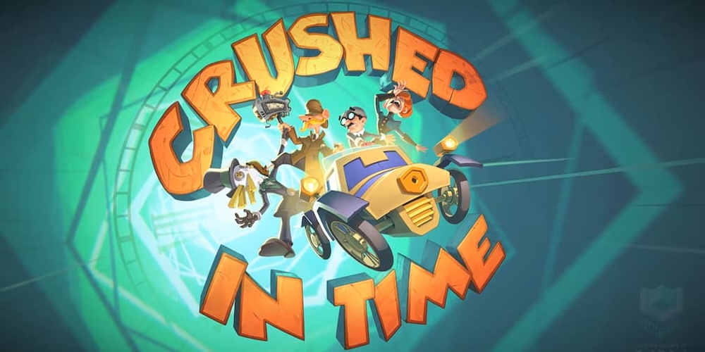 Image promotionnelle du jeu Crushed in time avec une voiture volant à travers l’horloge de Big Ben avec à son bord Sherlock, Watson et deux autres protagonistes.