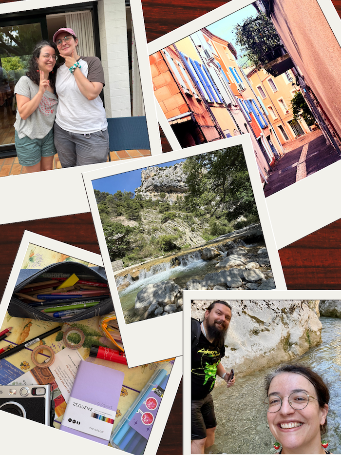 Dump du mois avec 1 photo de moi et ma pote avant son grand départ, 1 photo d'un village provençal, 1 photo de moi et mon homme dans les gorges, 1 photo de mon journaling en cours et 1 photo d'une cascade dans des gorges