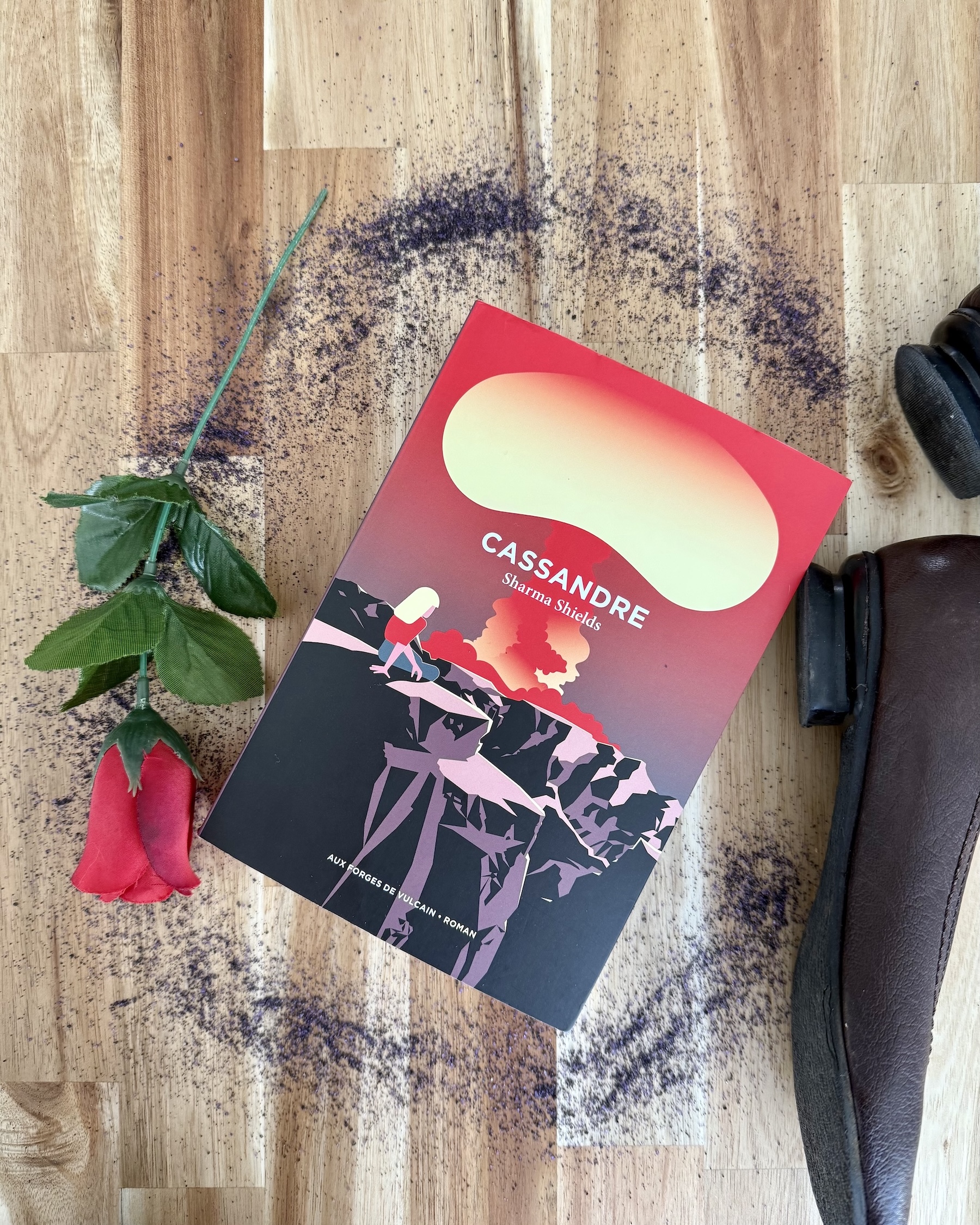 Livre posé sur un rond de sable avec des chaussures à petit talon a côté. La couverture de Cassandre montre une femme assise au bord d'une falaise regardant un nuage atomique au loin.