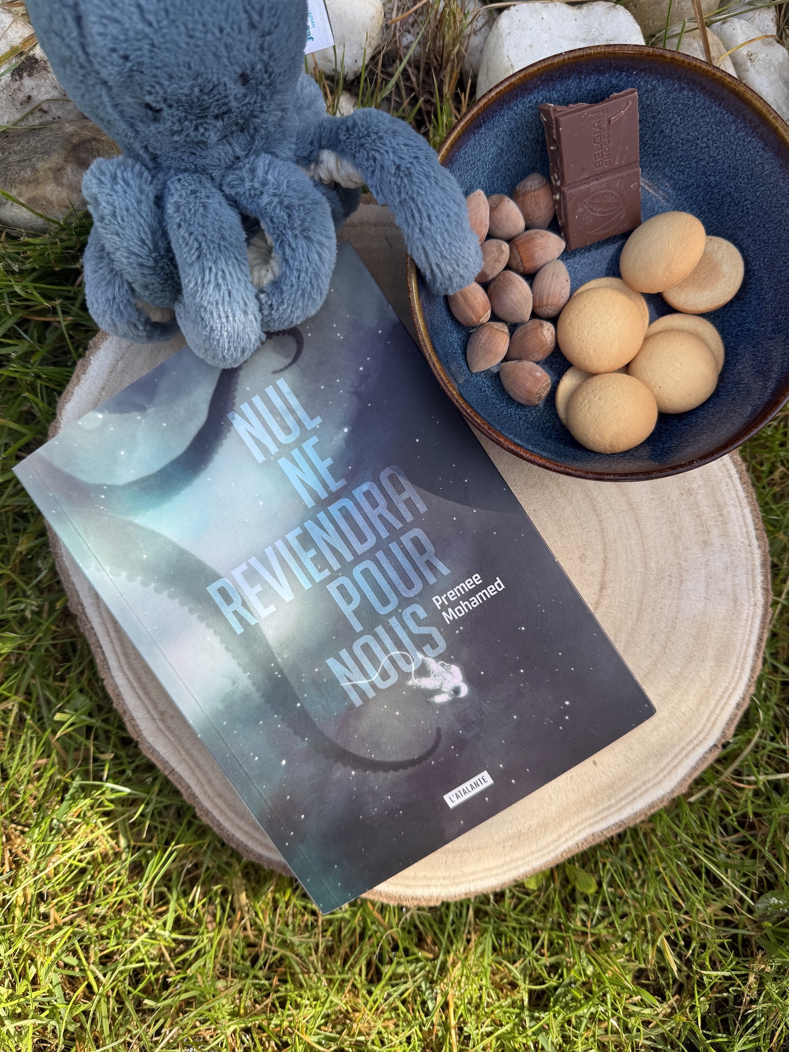 Livre Nul ne reviendra pour nous avec un petit poulpe, une coupelle d'offrandes et de l'herbe autour. La couverture montre un astronaute détaché dans l'espace et une ombre de tentacule géante.