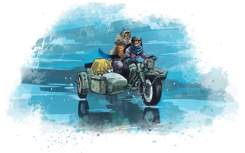 Illustration extraite de la BD Olive, tome 4 montrant Olive et Charlie à moto side car sur la glace. Le décor est en peinture épurée et aux couleurs bleus vives. 
