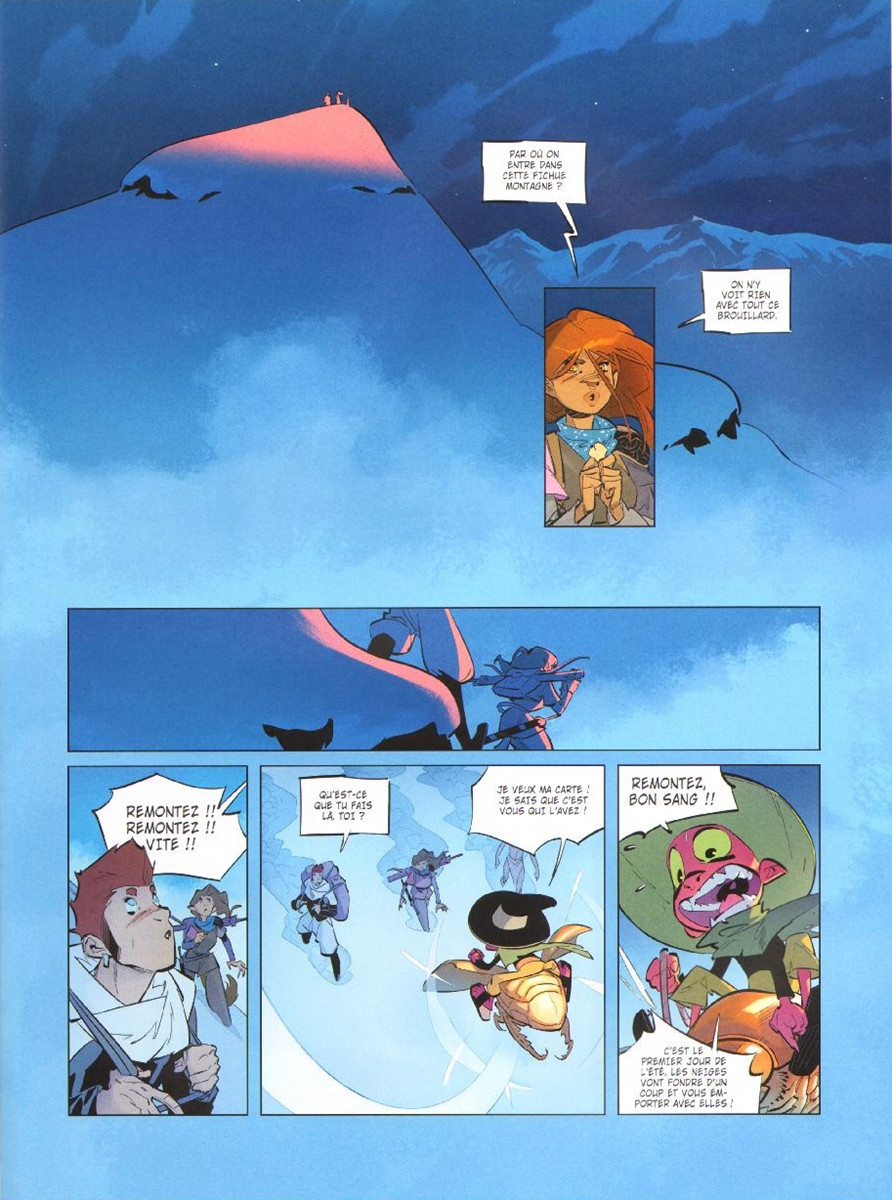 Image extraite de l'intérieur de la BD montrant une planche avec des paysages enneigés et les différents personnages principaux de la BD en mauvaise posture sur le haut d'un pic enneigé.