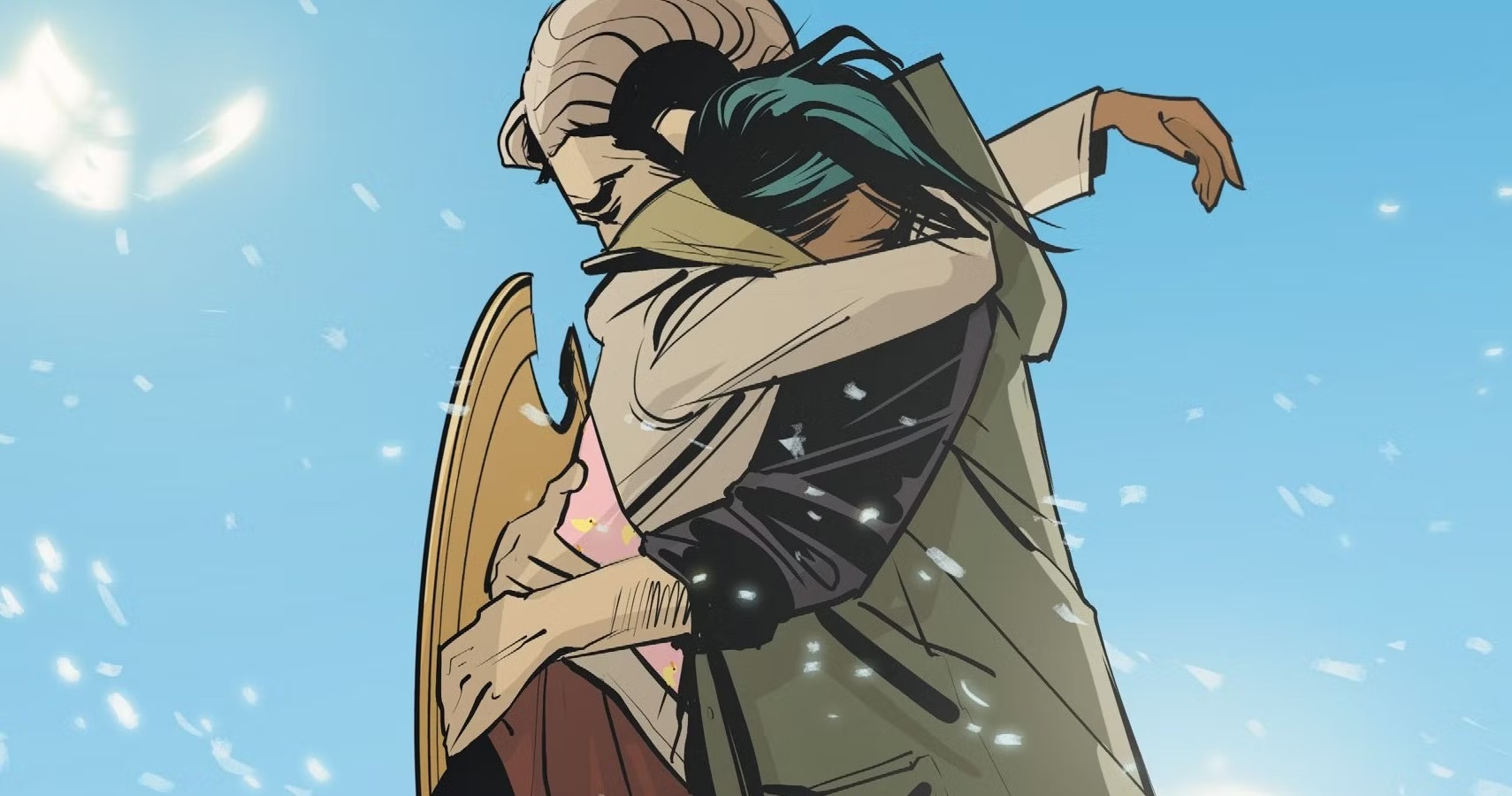 Image extraite du comics Saga montrant deux personnages enlacés dans un instant d'émotions. L'un a des cornes, l'autre a des ailes.