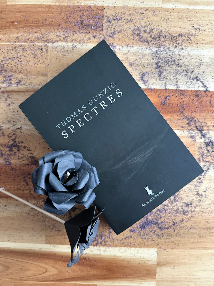 Livre Spectres avec des fleurs noires et du sable noir autour